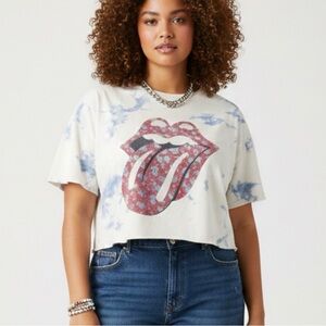 Rolling Stones Tie Dye Floral Tongue Graphic Cropped T-Shirt XL Rock Boho